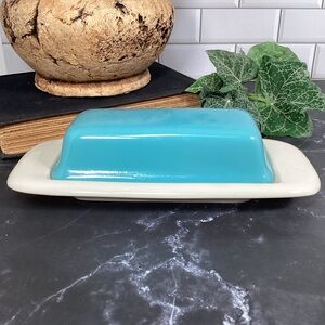 Vintage MCM Salem China North Star 1/4 Lb Covered Butter Dish, Blue/Teal & White